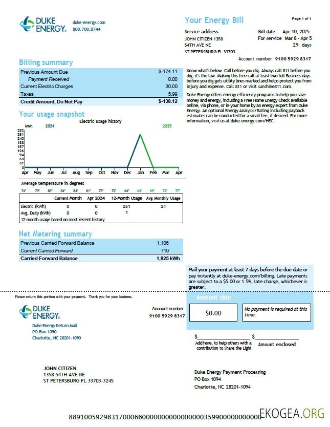 USA Duke Energy utility bill template in Word and PDF formats, version 4